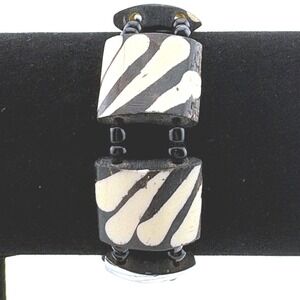 Vintage Zebra Print Batik Bone Tile‎ Stretch Bracelet Black Cream Tribal Boho